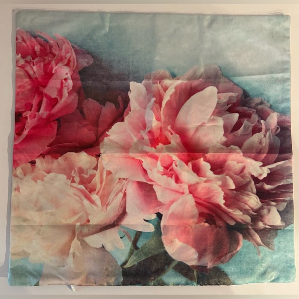 Floral Pink Peony & Teal Accent Pillow Cover